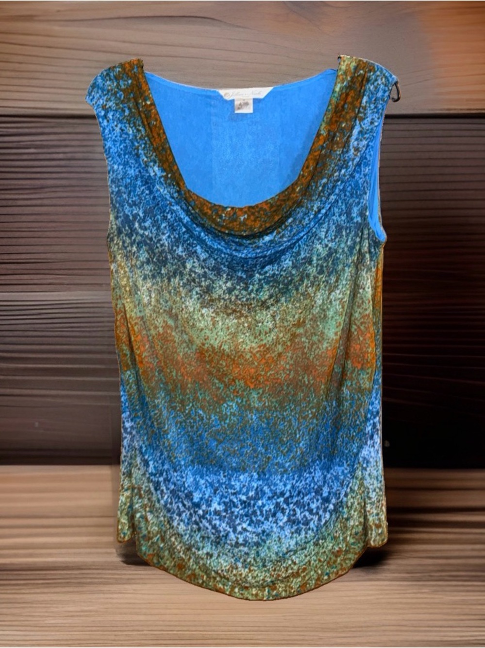 Jillian Nicole Sleeveless Cowl Neck Blouse in Blue-Green Ombre-1X-EC